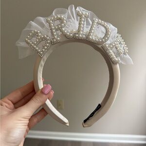 White Bride Headband with Rhinestone Pearl Lettering
